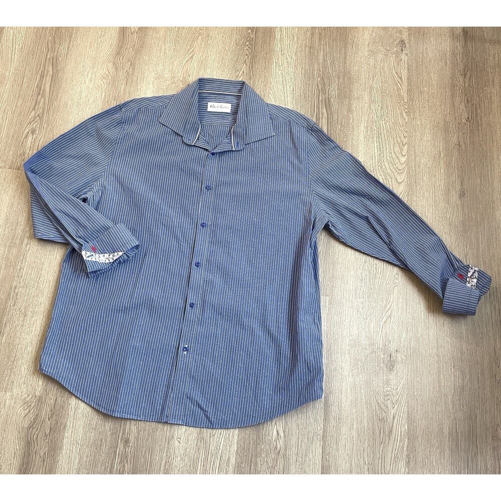 Robert Graham Shirt Mens 44/17.5 Stripped Paisley Flip Cuff Blue Button Up